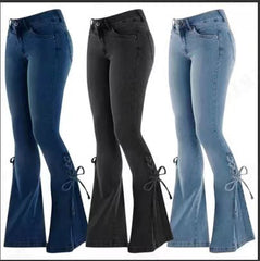 summer outfits inspo Women's Jeans Mid-Waist Lace-up Denim Trousers Stretch Jeans Women's Flared Pants Denim