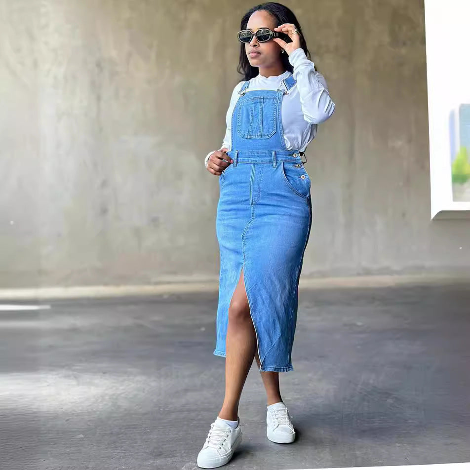 pumpkin patch outfit Women's Straight Suspender Skirt Women's Street Fashion Large Pocket Slit Denim Skirt