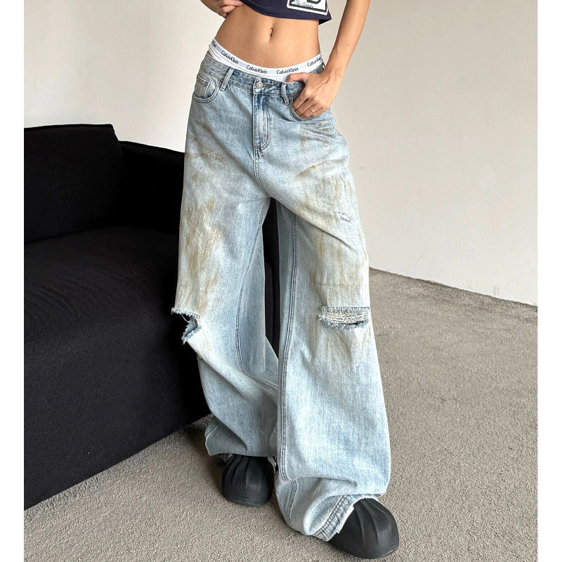 2024 fall fashion trends American plus Size Washed Distressed Dirty Ripped Jeans Women's High Street Straight Loose Wide Leg Drop Pants