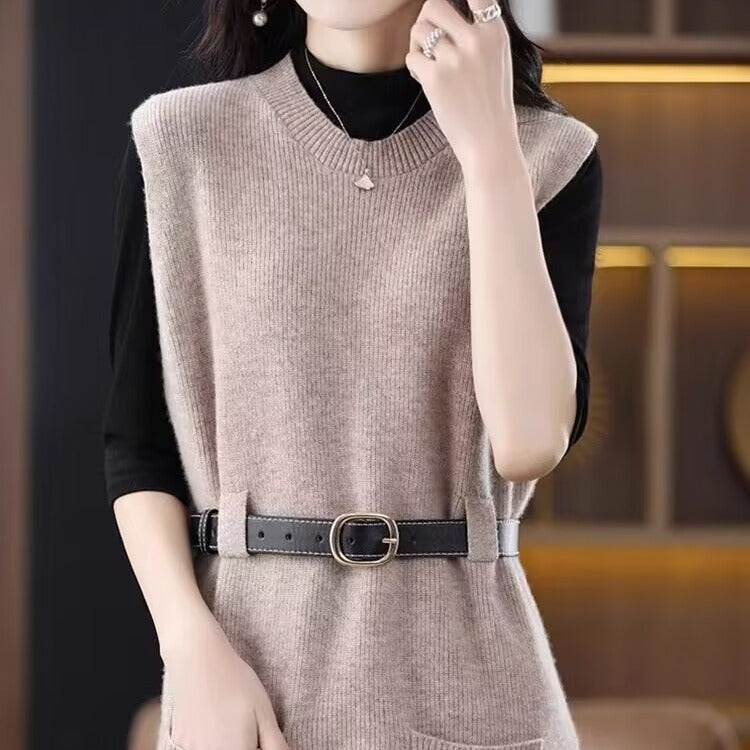 datenight fall outfits Double-Pocket Long Vest Autumn and Winter round Neck Mid-Length Sleeveless Knitted Dress Fashionable Temperament Vest Dress for Women