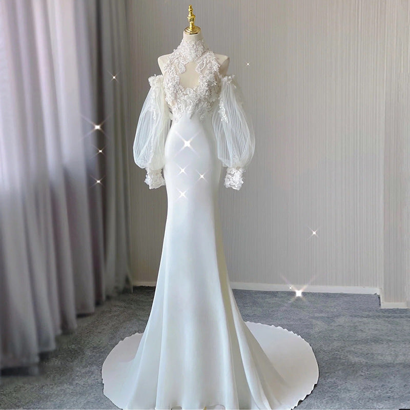 pop culture dress to impress Retro Lace Light Wedding Dress 2024 New French Satin Fishtail Dress Elegant Bride Welcome Light Wedding Dress