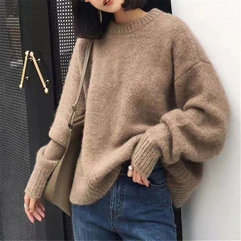 datenight fall outfits Korean Style Large Lazy Style round Neck Pullover Women's Autumn and Winter Solid Color Loose Bottoming Sweater Women