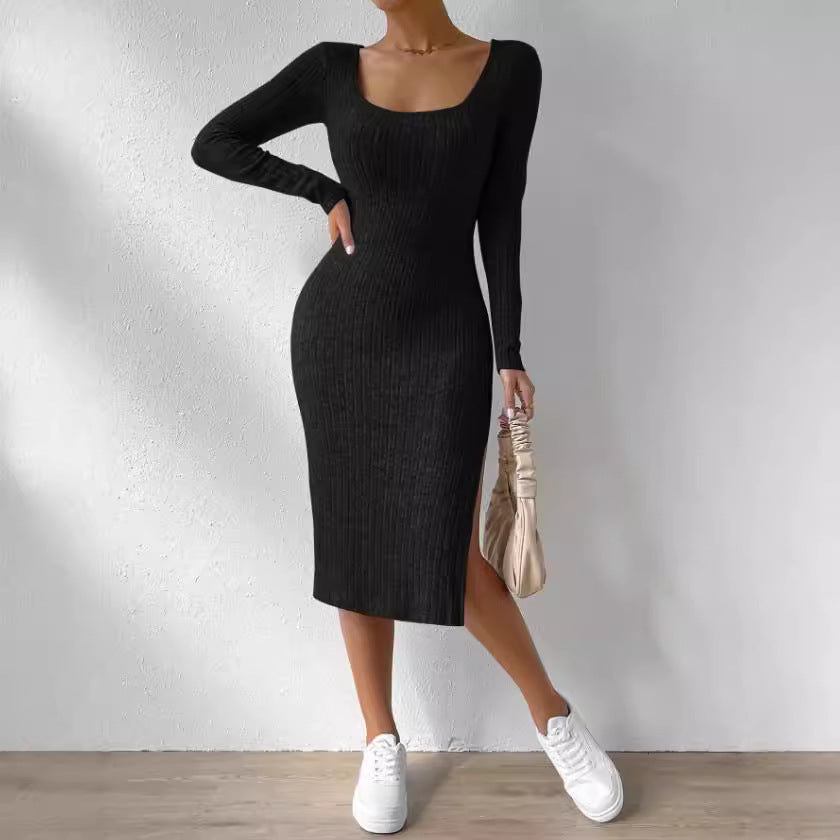 y2k outfits Autumn and Winter Square Collar Long Sleeve Hem Slit Jacquard Brushed Dress Women