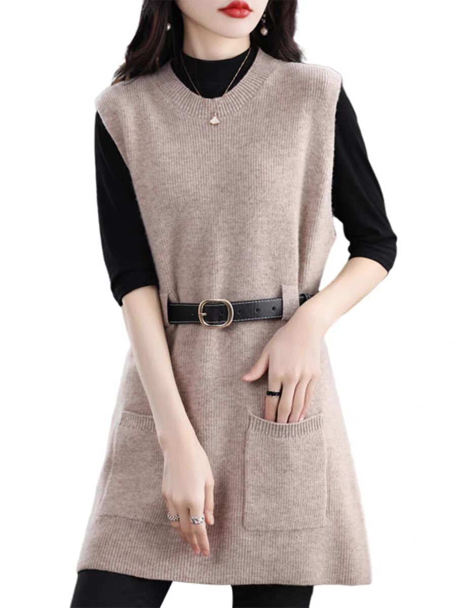 datenight fall outfits Double-Pocket Long Vest Autumn and Winter round Neck Mid-Length Sleeveless Knitted Dress Fashionable Temperament Vest Dress for Women