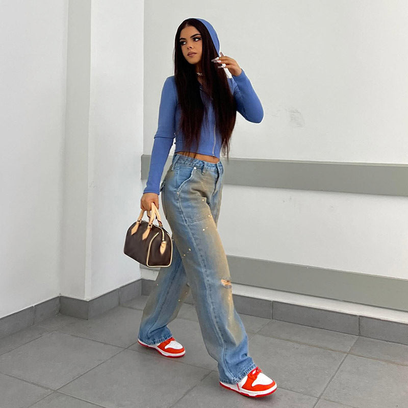 outfit inspo American Style Street Style Women's Washed Vintage Gradient High Waist Jeans Ripped Splash-Ink Straight Casual Trousers