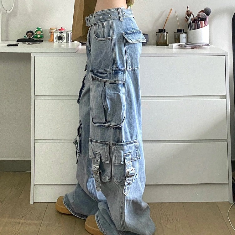 barn jacket outfits American Street Workwear Wide-Leg Jeans Men's and Women's Multi-Pocket High Waist Loose Drop-down Mop Pants