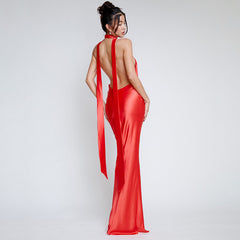 pop culture dress to impress Style 2024 Hot New Sexy Elegant Solid Color Deep V-neck Halter Strap Backless Sheath Dress