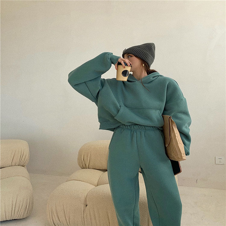 comfy school outfits Fleece-lined Sweatpants Sweater Thickened Fashion Two-Piece Suit Autumn and Winter Casual New Hooded High Waist