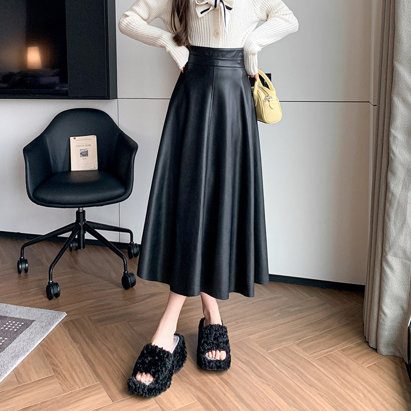 business casual outfits for women A- line Umbrella Skirt Women's Skirt 2024 Autumn and Winter Large Swing Leather Skirt High Waist Mid-Length Skirt Covering PU Leather Long Skirt