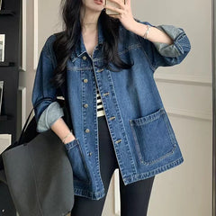 clothes Retro Denim Coat for Women 2024 Autumn and Winter Simple Casual Loose Lapel Profile Stacked Top