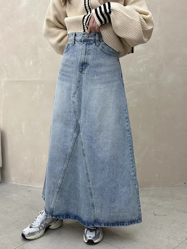 decades dti Chic Spring Niche Retro High Waist Versatile Slimming Love Printed A- line Denim Skirt Long Skirt for Women