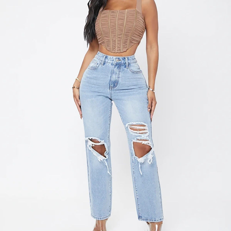 concert outfit Jeans for Women 2024 New Street Fashion Straight Trousers High Waist Washed Worn Jeans