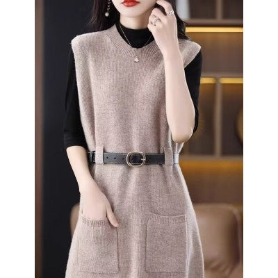 datenight fall outfits Double-Pocket Long Vest Autumn and Winter round Neck Mid-Length Sleeveless Knitted Dress Fashionable Temperament Vest Dress for Women