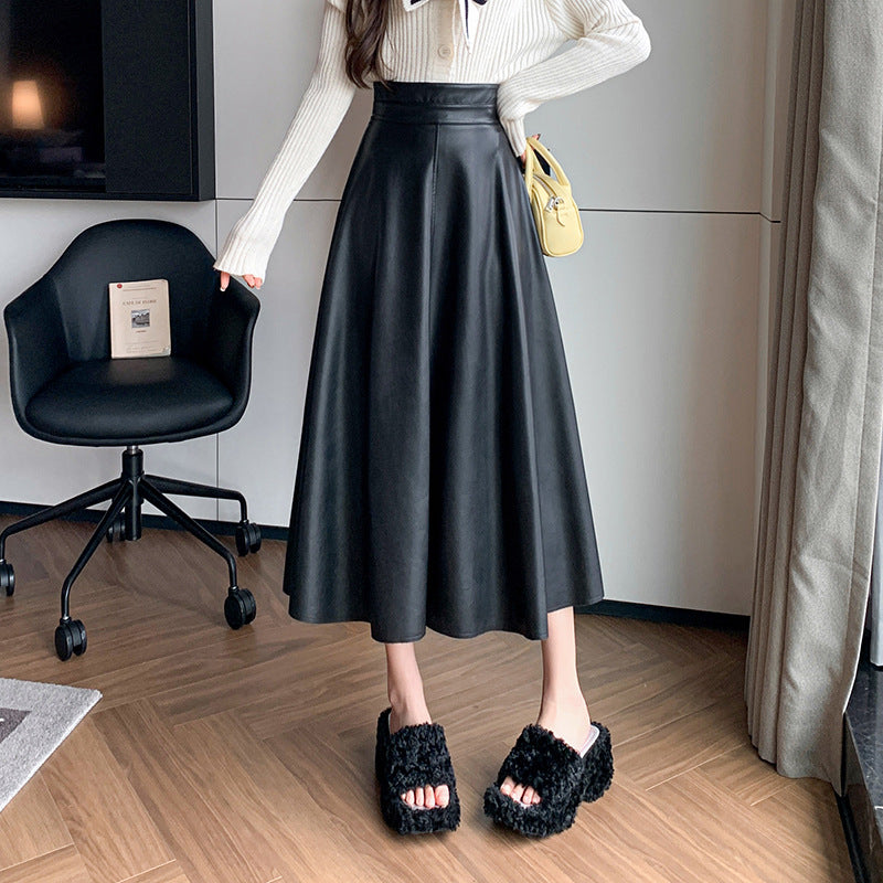 business casual outfits for women A- line Umbrella Skirt Women's Skirt 2024 Autumn and Winter Large Swing Leather Skirt High Waist Mid-Length Skirt Covering PU Leather Long Skirt