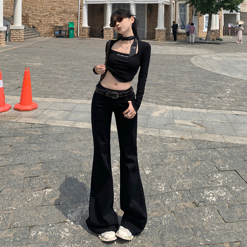 90s fashion American-Style Black Thin Velvet Skinny Jeans for Women 2024 Autumn and Winter New Low Waist Wide Leg Slimming Versatile Flared Pants