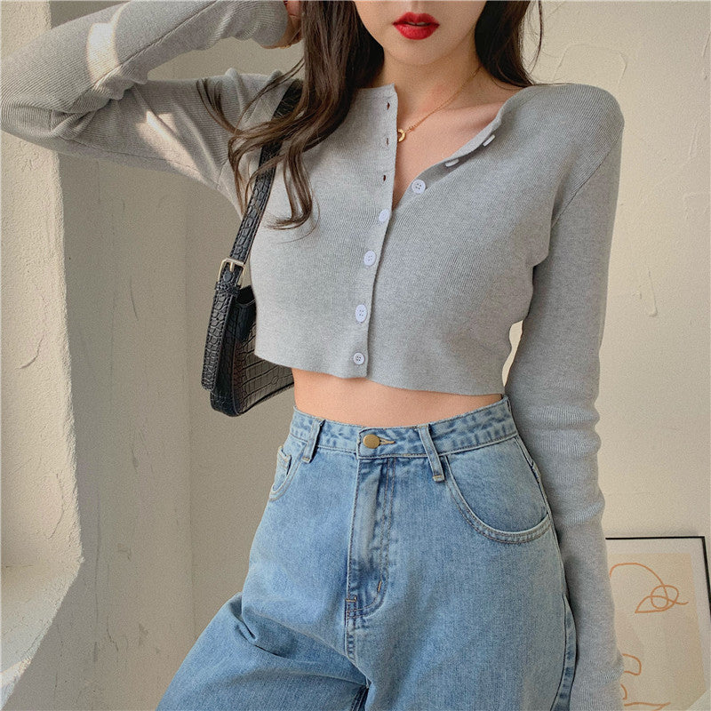 midi skirt outfit fall High Waist Single-Breasted Long-Sleeved Top Women's Spring Knitted Cardigan Slim Slimming Short