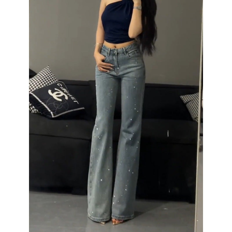 outfit inspo Loose Retro Heavy-Duty Rhinestone High Waist Skinny Jeans for Women 2024 Summer New Style Slim Flared Pants without Leg Sticking