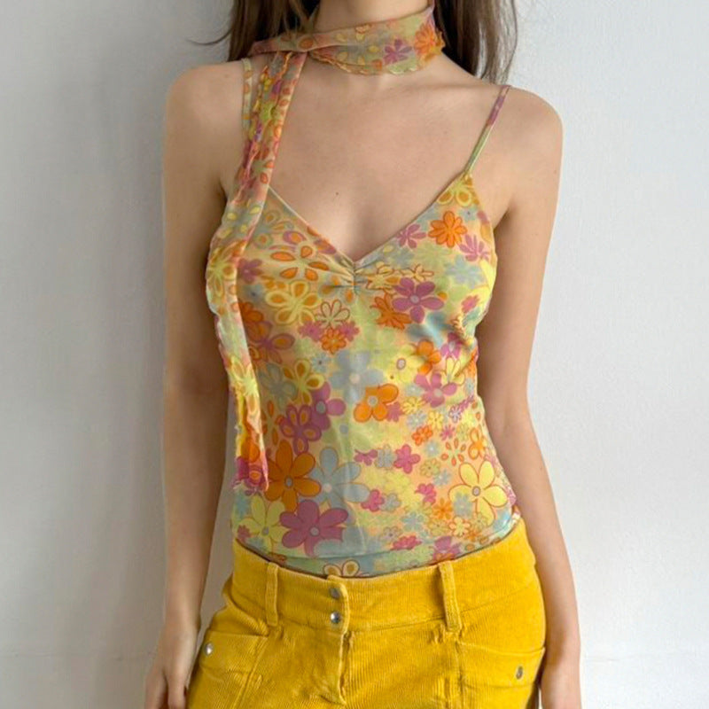 calico hair Holiday Style Sexy Hot Girl Floral Tie Basic Sling V-neck Pleated Chest Slimming Vest