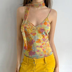 calico hair Holiday Style Sexy Hot Girl Floral Tie Basic Sling V-neck Pleated Chest Slimming Vest