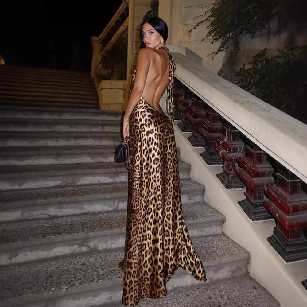 clothes Fashion Sexy V-neck Backless Leopard Print Halter Lace-up Hot Girl Long Dress