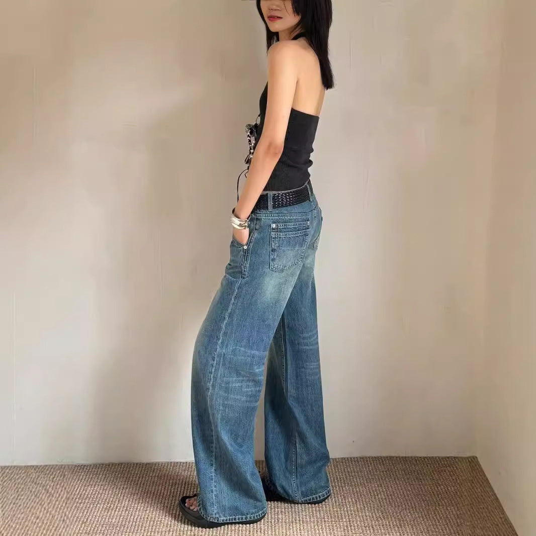 going out outfits Retro Blue Distressed Washed Low Waist Jeans Women's High Street Loose Slimming Wide Leg Straight Pants All-Matching