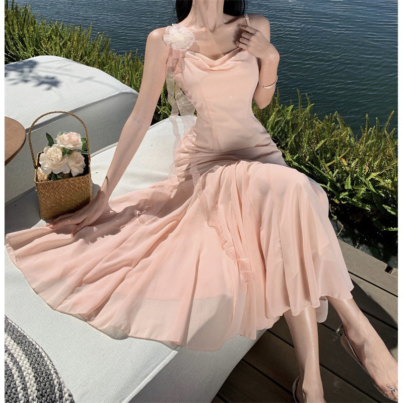 pumpkin patch dress to impress Fairy Elegant Big Backless Pink Suspender Skirt Women's Summer Waist Slimming Dress