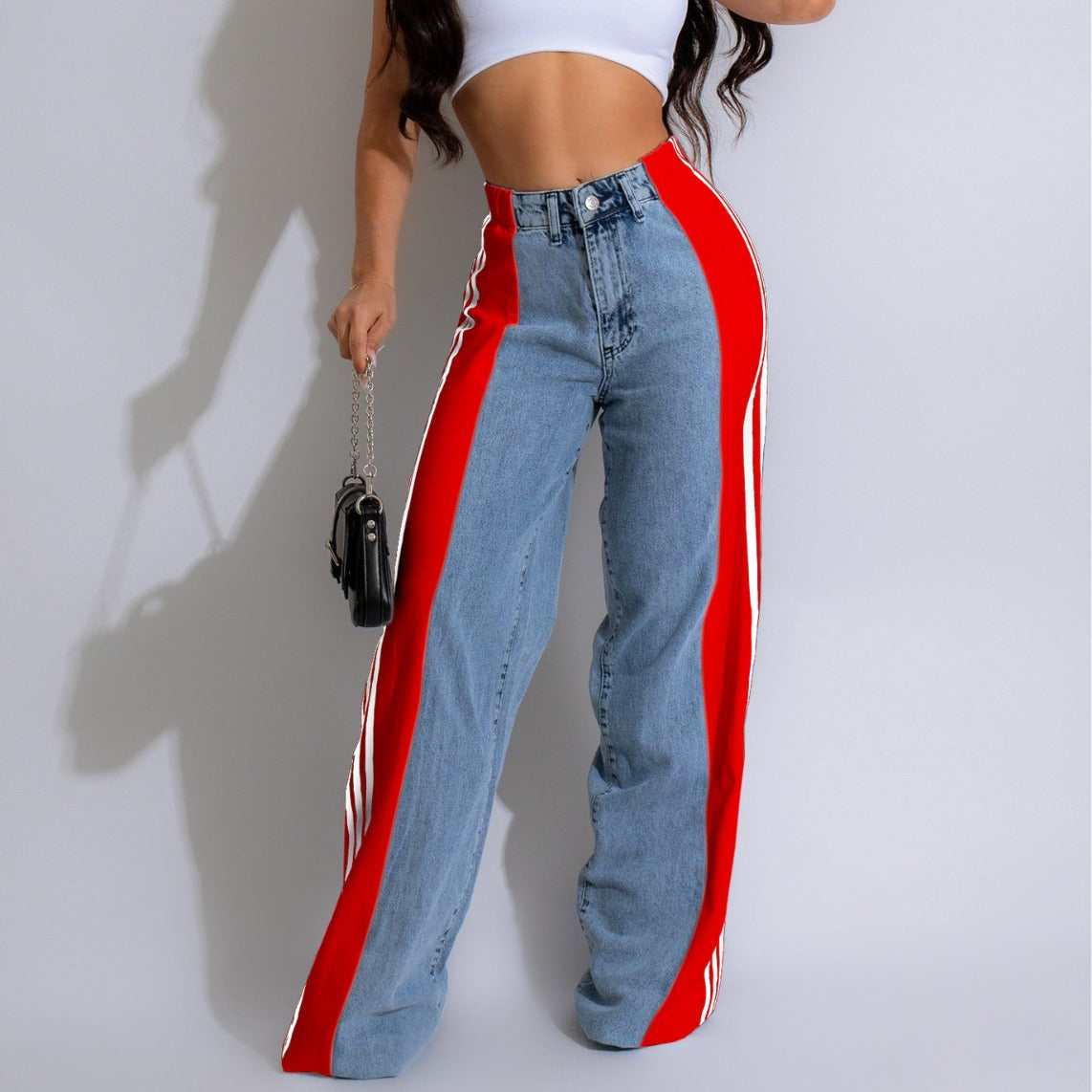 2000s fashion 2024 Summer Fashion Stitching Three Striped Wide Leg Denim Trousers Women's New Casual High Waist Stretch Straight Pants