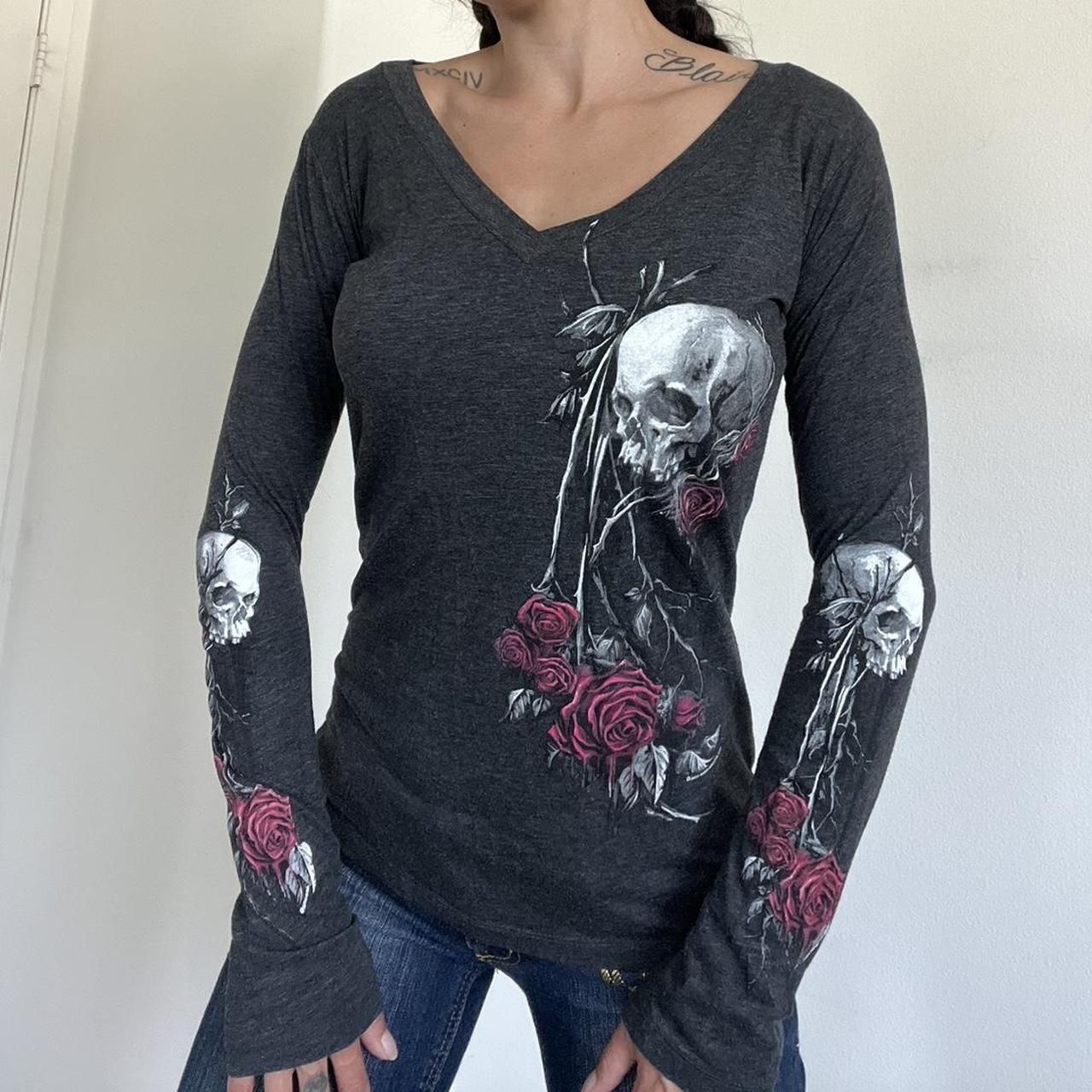 outfit inspo 2024 Autumn and Winter New Women's Top Personalized Skull Flower Print V-neck Sexy Bottoming Shirt T-shirt