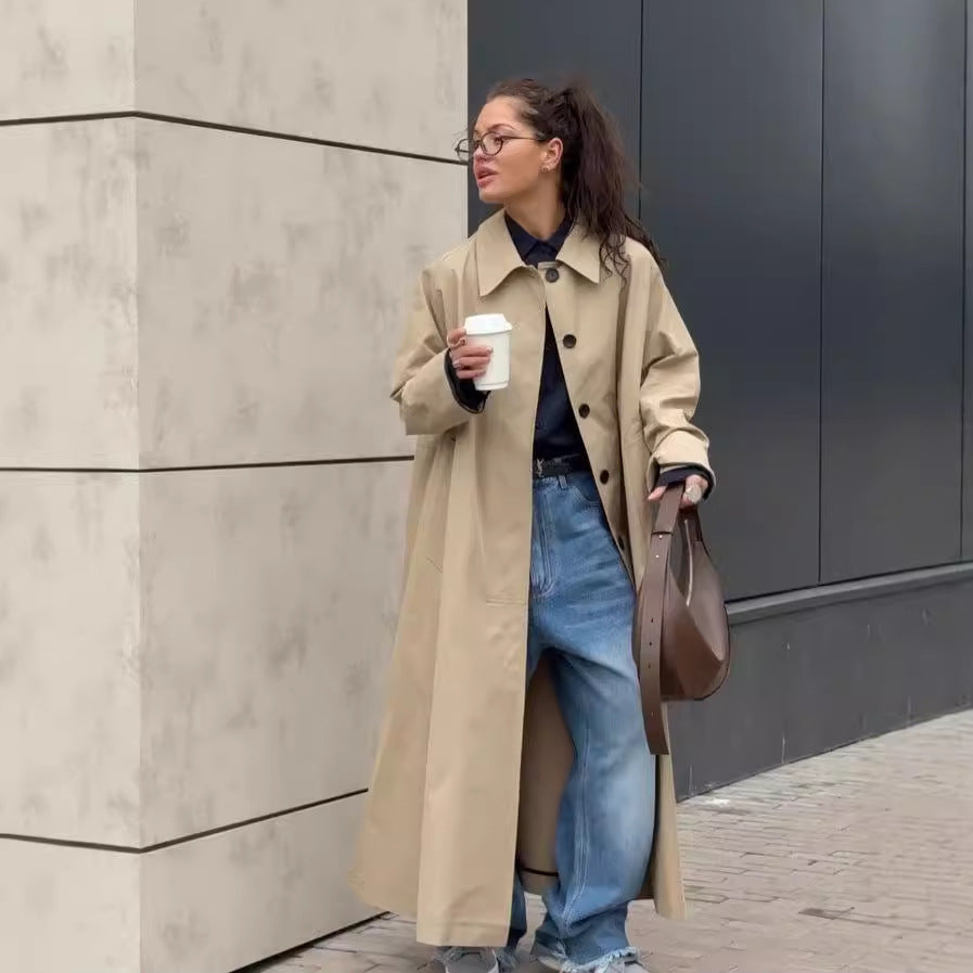 birkenstock clogs outfit fall 2024 Spring and Autumn New Khaki Trench Coat Women's Mid-Length over-the-Knee Single-Breasted British Style Elegant Ins Coat