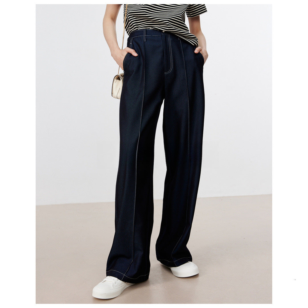 barn jacket outfits Retro Hong Kong Style Dark Blue Imitation Jeans Slim Straight Draping Casual Pants Suit Pants Women's Dark Wide Leg Pants