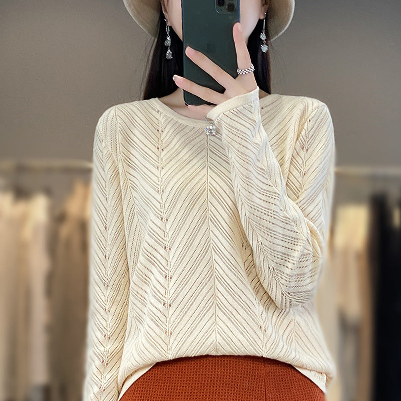 clothes Autumn and Winter 2024 Korean Style Hollow round Neck Sweater Japanese Style Simple Lazy Slimming Sweater for Women