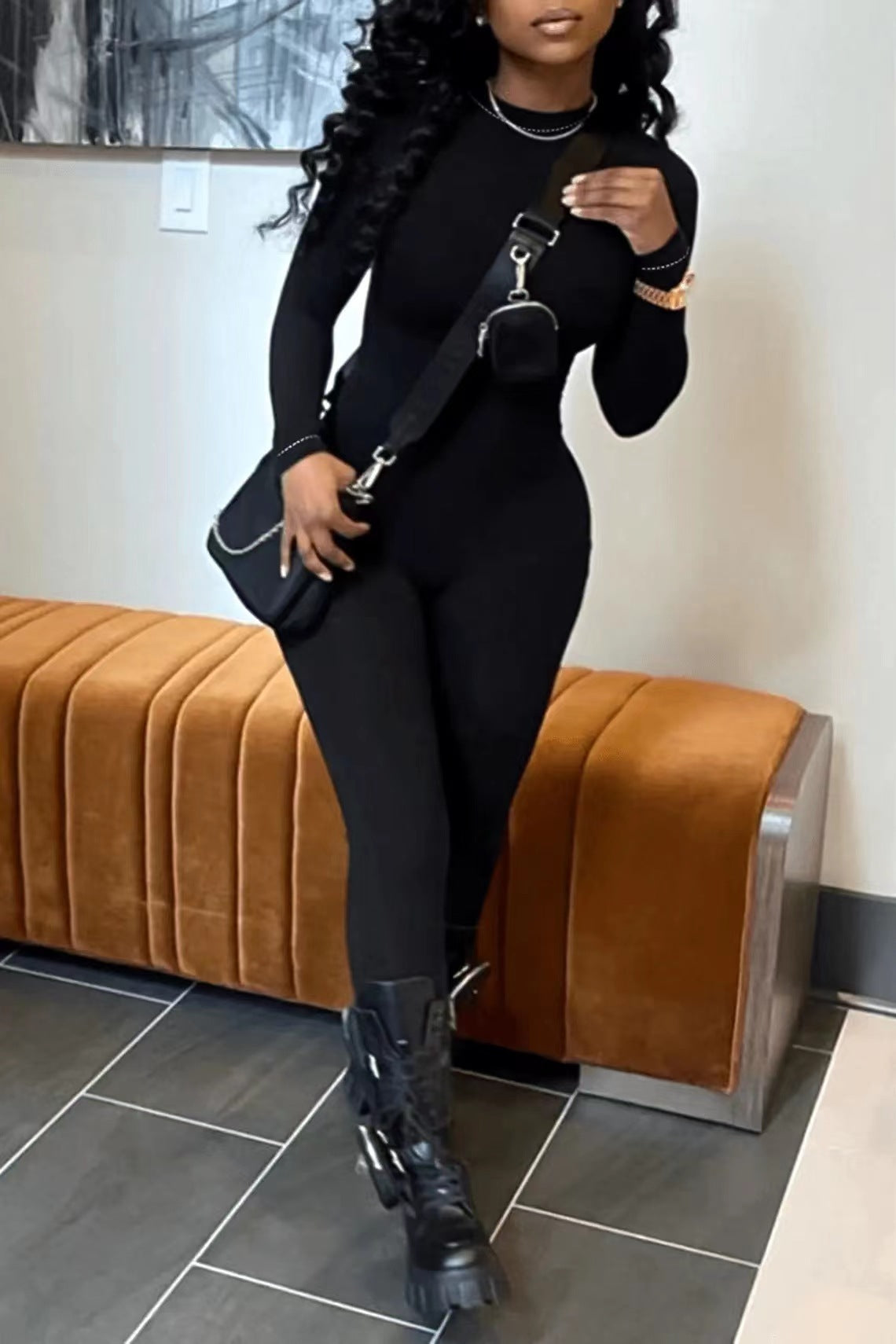 tailgate outfit black women Autumn Solid Color Slim Jumpsuit