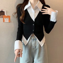 2000s fashion plus Size Women's Clothing 2024 Spring New Korean Style Fashionable Contrast Color Waist Slimming Stitching Fake Two-Piece Shirt