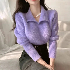 fall outfits women aesthetic Chic Gentle Style Elegant Faux Mink Fur Polo Collar Long Sleeve Dopamine Sweater Women's Short Knitted Top