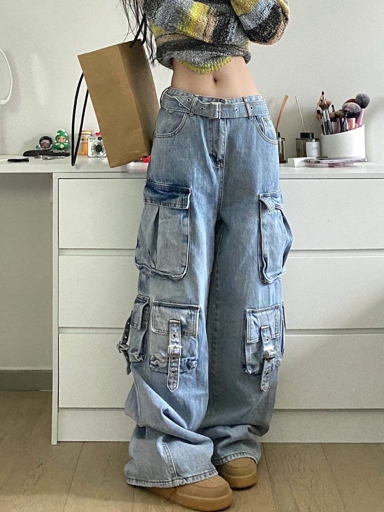 barn jacket outfits American Street Workwear Wide-Leg Jeans Men's and Women's Multi-Pocket High Waist Loose Drop-down Mop Pants