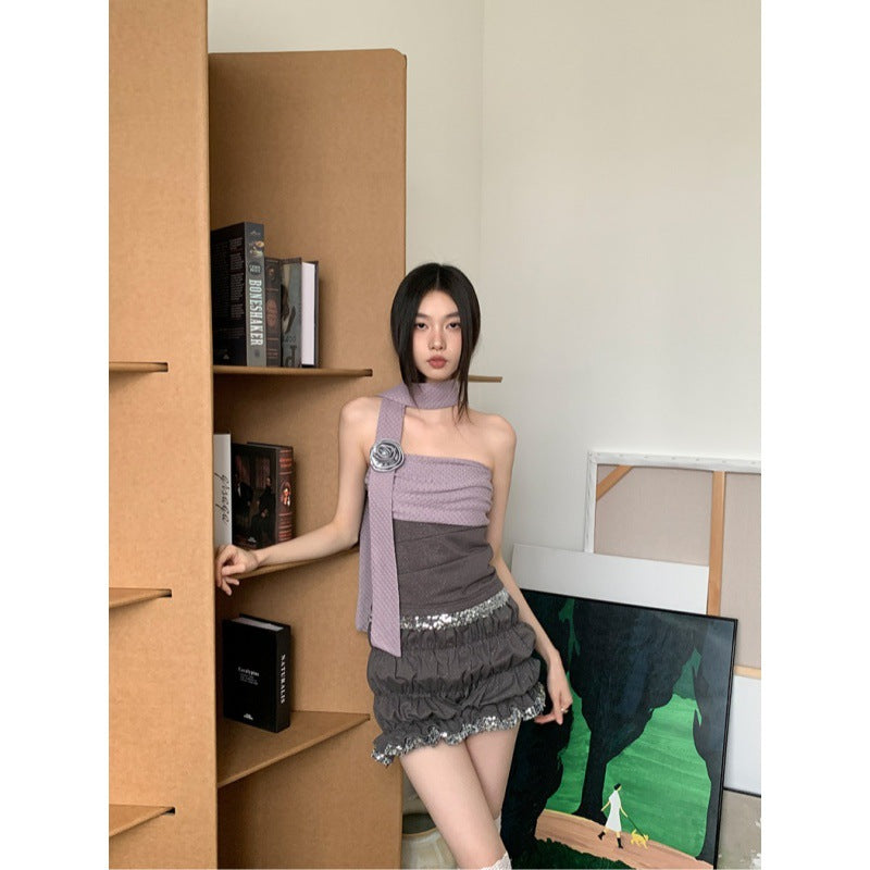 casual outfits Purple Gray Flash Point Tube Top + Gray Flash Point Lantern Shorts Fashion Two-Piece Set