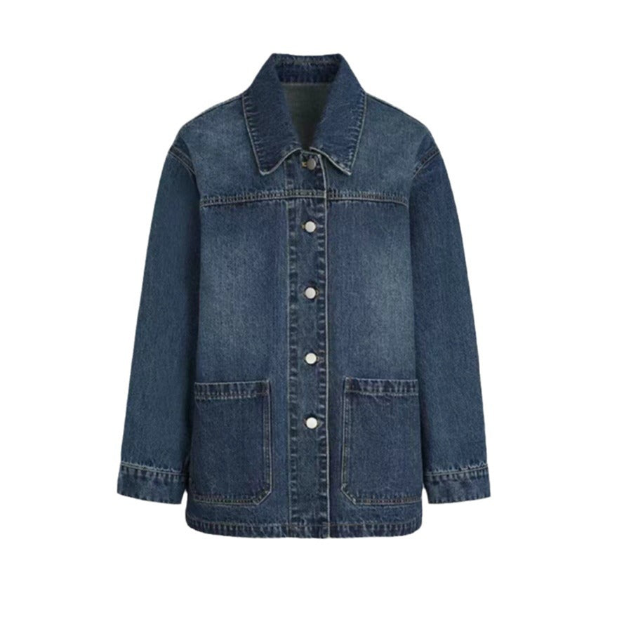 clothes Retro Denim Coat for Women 2024 Autumn and Winter Simple Casual Loose Lapel Profile Stacked Top