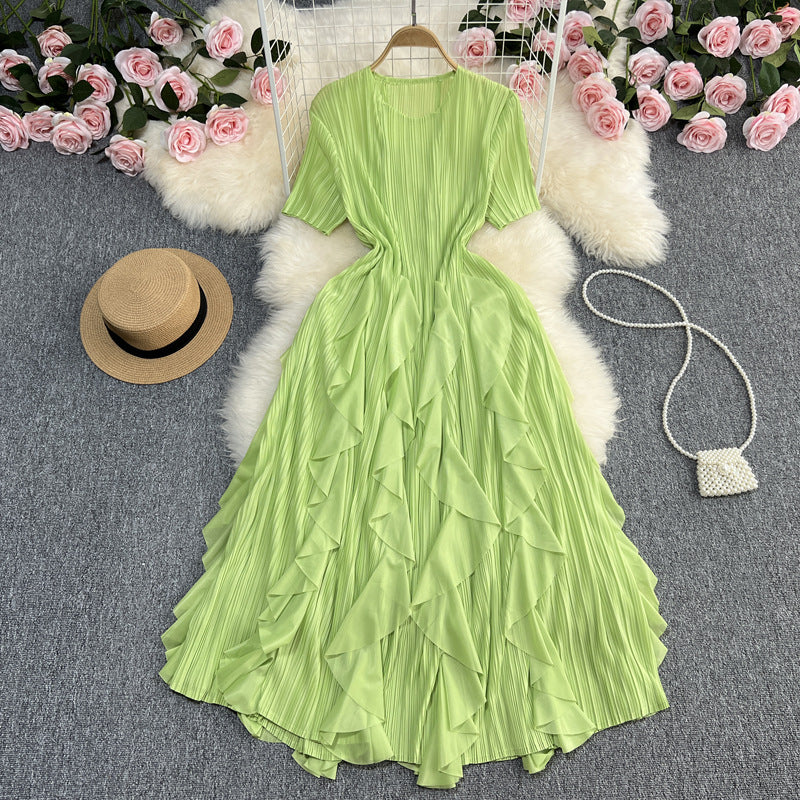 church outfit round Neck Short Sleeve Pleated Ruffled Dress Women's High Waist Slimming Elegant Casual Holiday Dress