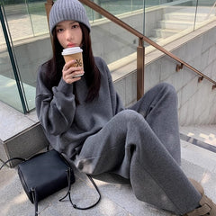 aelfric eden hoodie Casual Sports Clothes Women's Suit Winter Lazy Style Loose round Neck Thickened Sweater Wide Leg Pants Two-Piece Suit