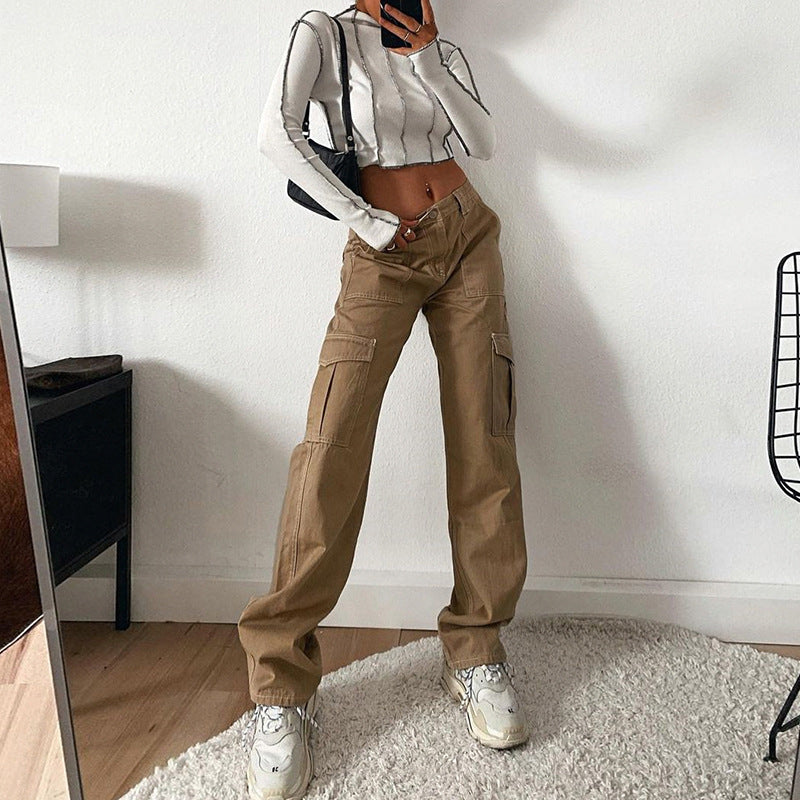 2000s fashion Women's Street Fashion Multi-Pocket Workwear Straight Trousers High Waist Slimming Loose Khaki Jeans for Women