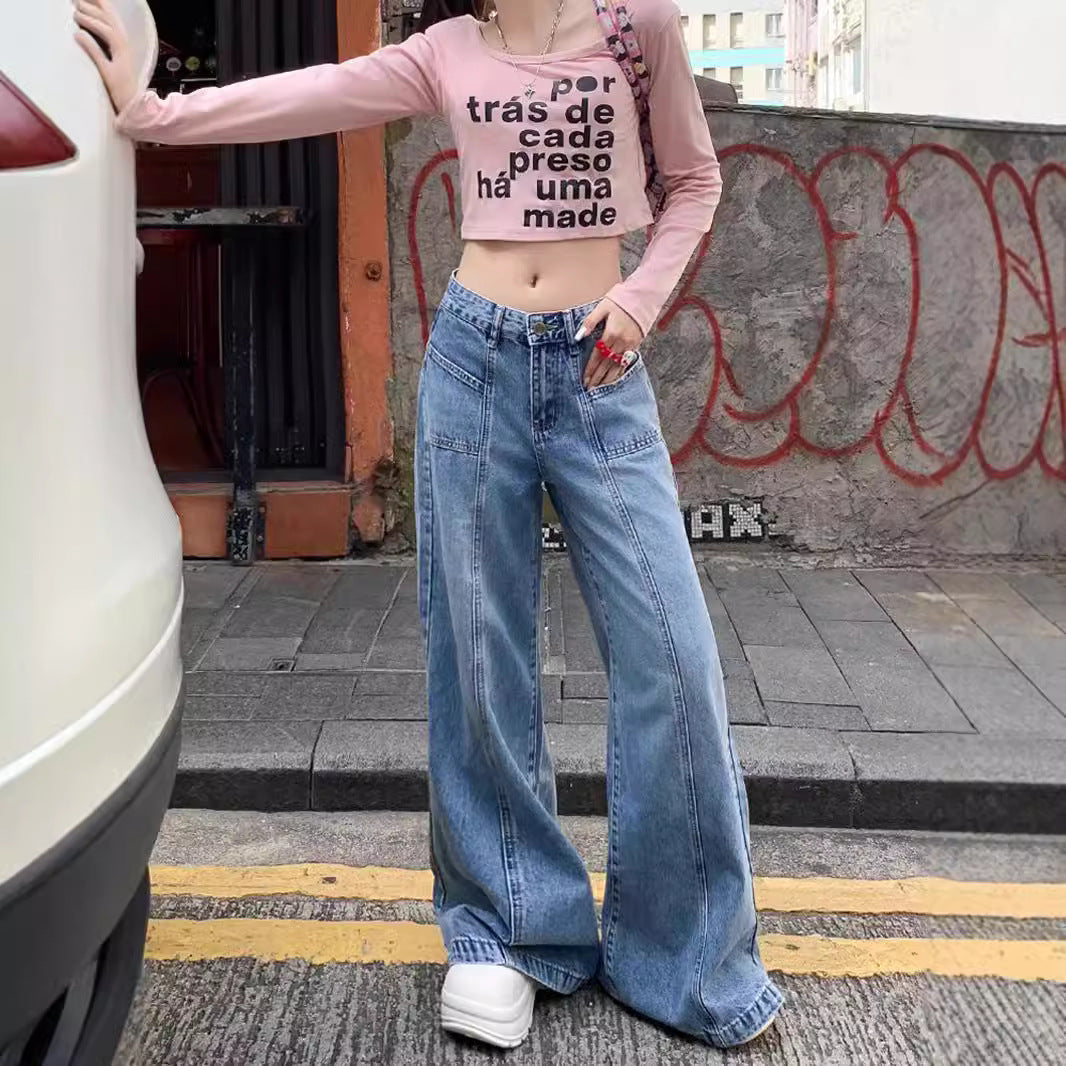 outfit ideas for school Spring and Autumn 2024 New American High Waist Wide Leg Versatile Jeans Women's Loose Slimming Split Pants Fashion