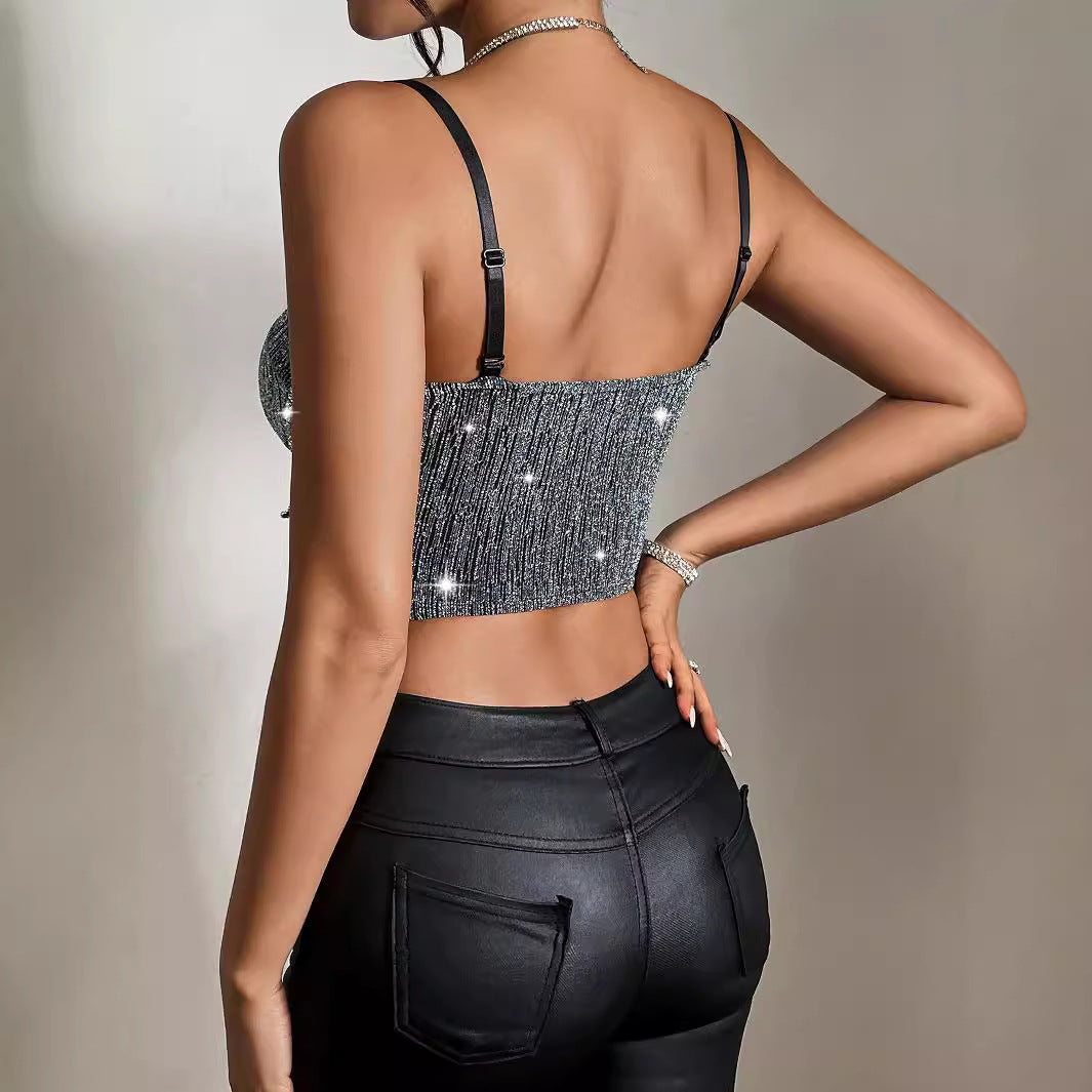 calico hair Camisole Sexy Nightclub Slim-Fit Tassel Diamond-Embedded Backless Vest Female 