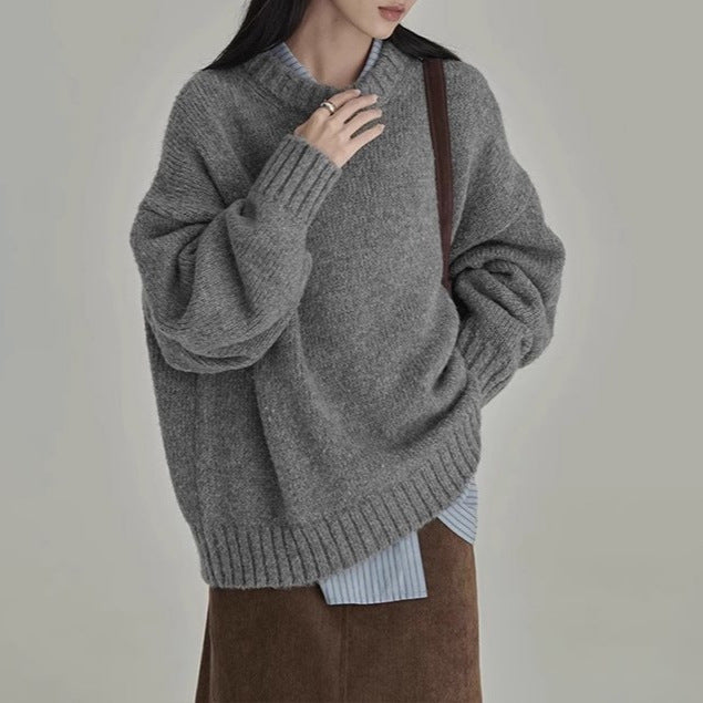 dress to impress outfits Japanese Style Retro Gray Sweater Women's Winter round Neck Loose Lazy Wind Outer Wear Inner Bottoming Sweater Thick Top