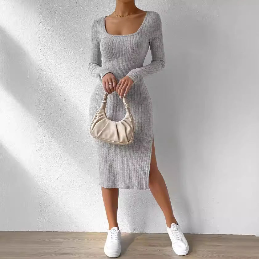 y2k outfits Autumn and Winter Square Collar Long Sleeve Hem Slit Jacquard Brushed Dress Women