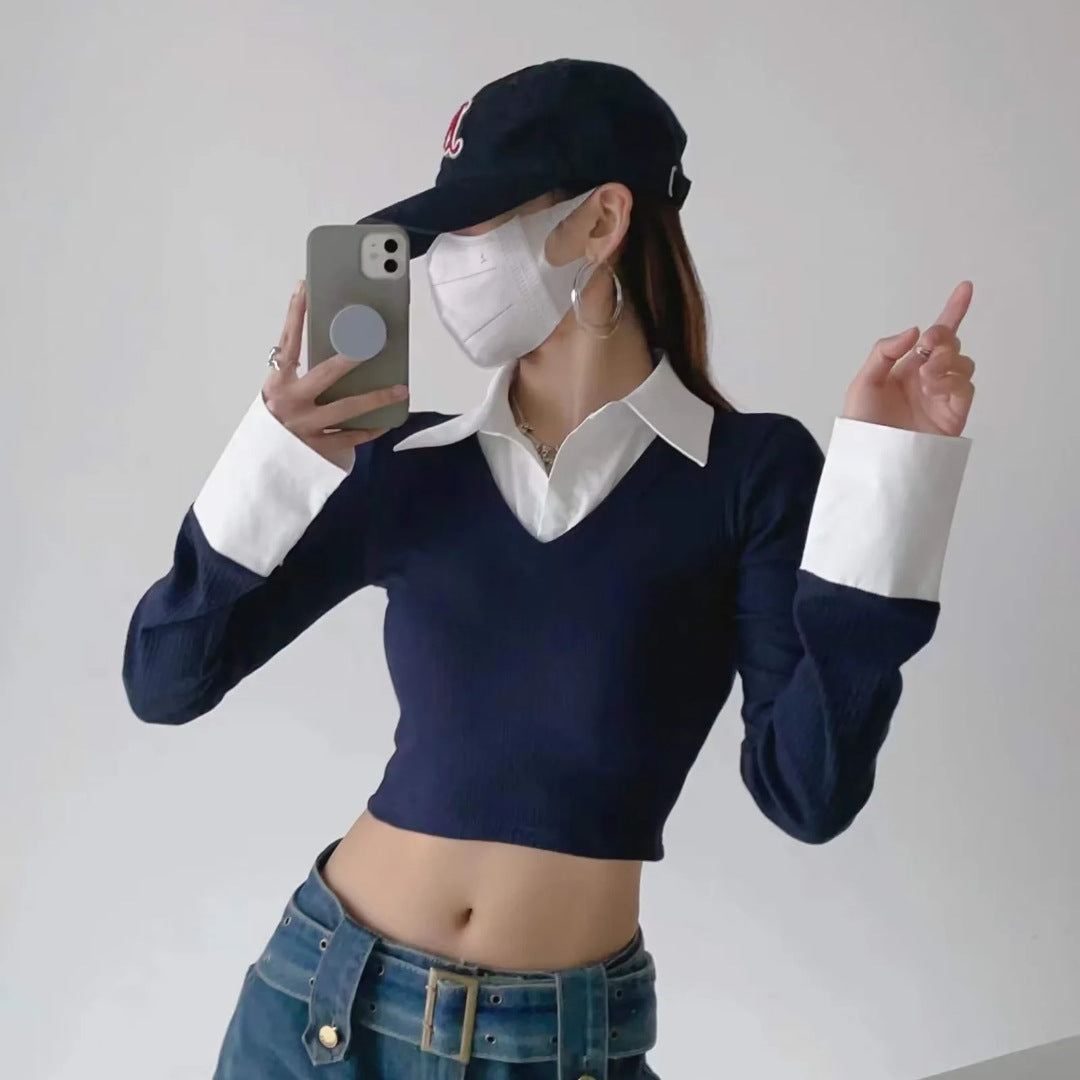 trending fall outfits 2024 Homemade Preppy Style Fake Two-Piece Long-Sleeved T-shirt Stitching Short Spring and Autumn Top Shirt Collar