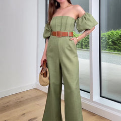 2024 fall fashion trends New Summer off-Shoulder Bubble Sleeve High Waist Belt Slim Temperament Jumpsuit