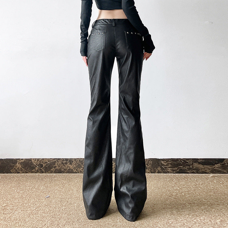 barn jacket outfits Dark Sweet and Spicy Rivet Decorative Leather Casual Pants Sexy Low Waist Flared Pants 2024 American Street Shooting New Leather Pants