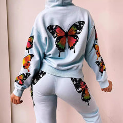 cute school outfits for middle school 2024 Popular Online Celebrity Color Printing Butterfly Hot Stamping Ankle-Tied Trousers Casual Hooded Sweater Suit