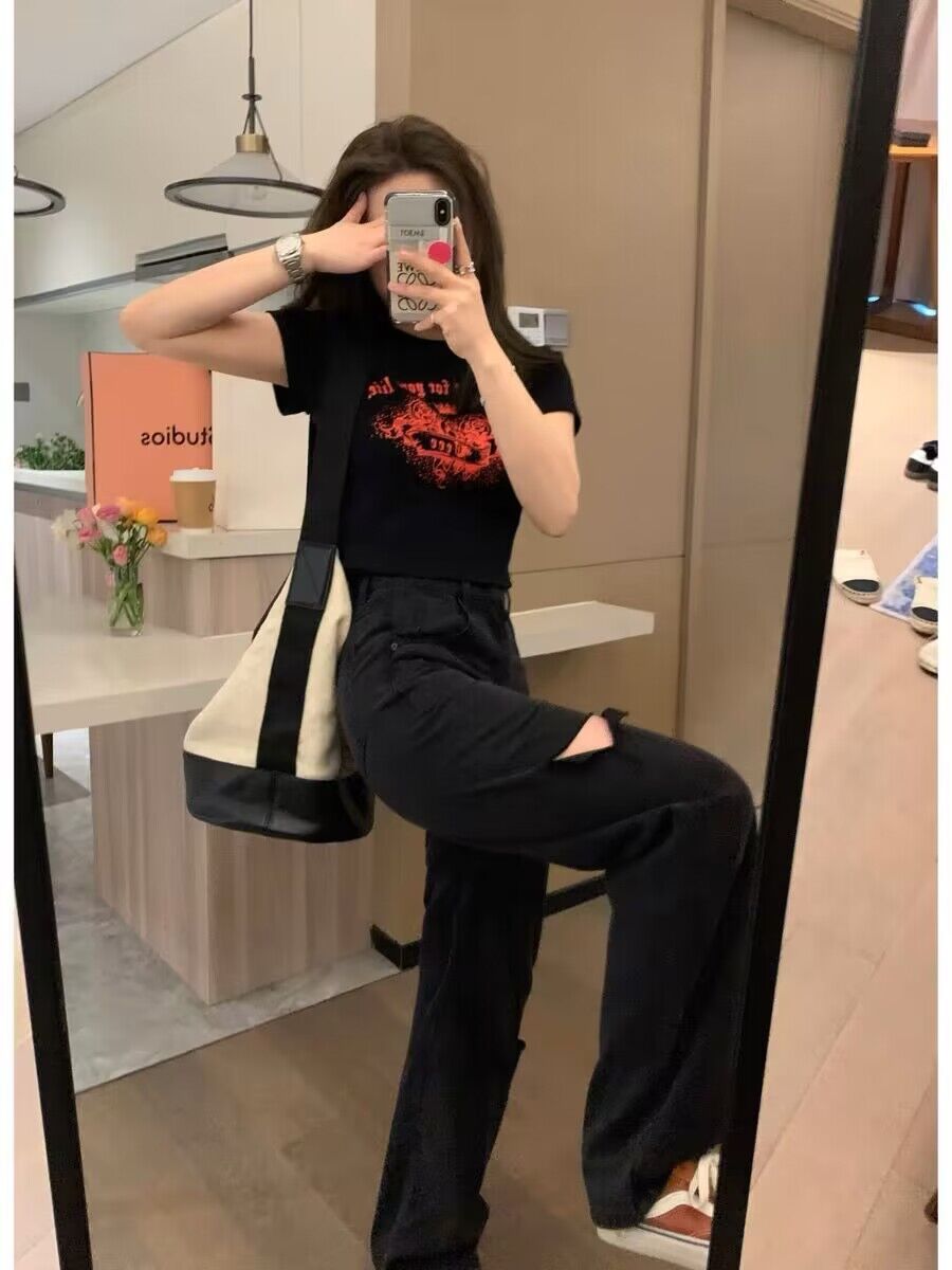 joker costume female outfit Black Straight Ripped Jeans Women's High Waist Summer Loose Slimming Pear-Shaped Wide-Leg Pants