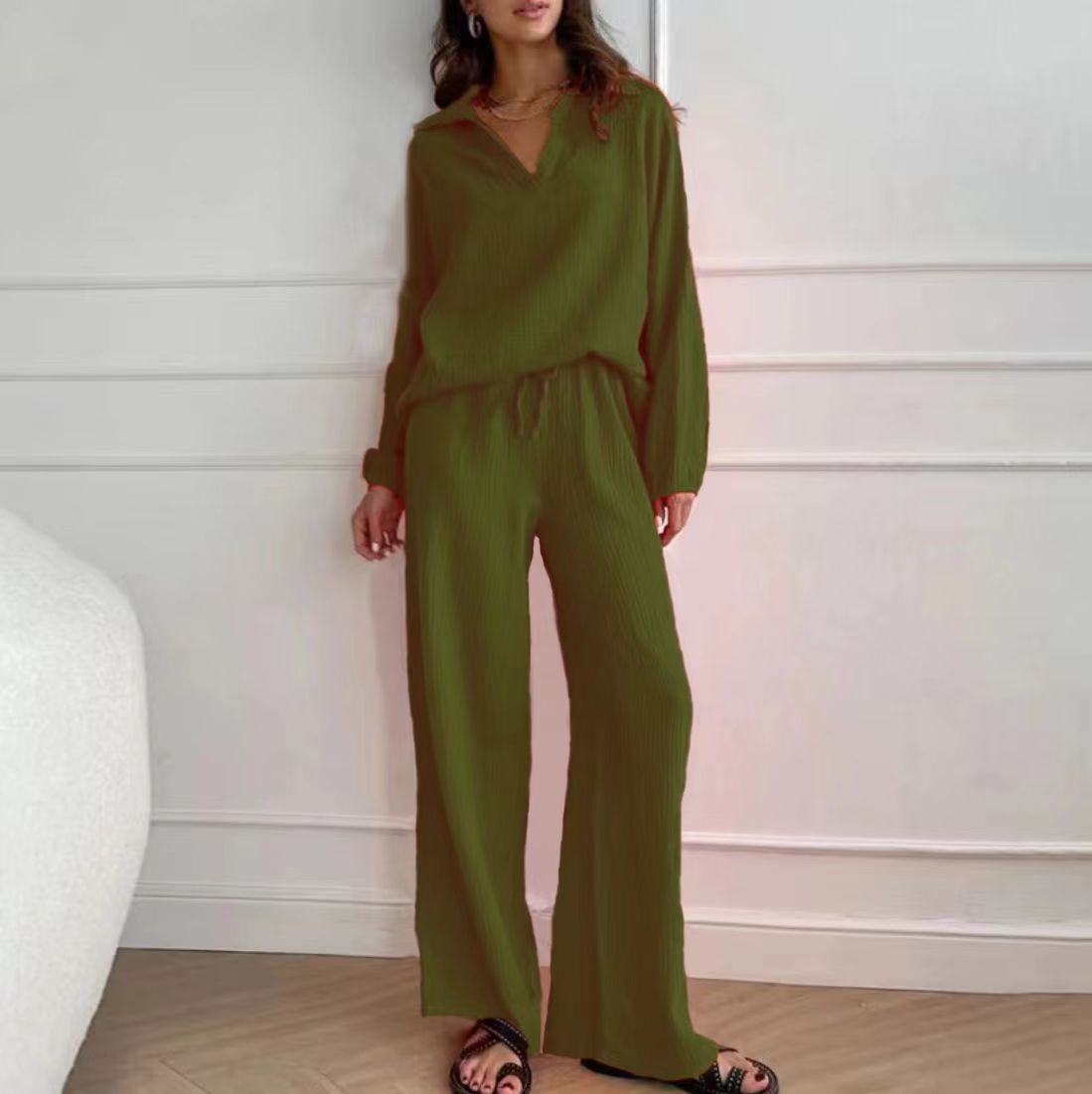 fashion outfits Elegant Ladies Casual Loose Suit Women's Long-Sleeved Top + Drawstring Trousers Suit Spring and Autumn Turn-down Collar Two-Piece Set